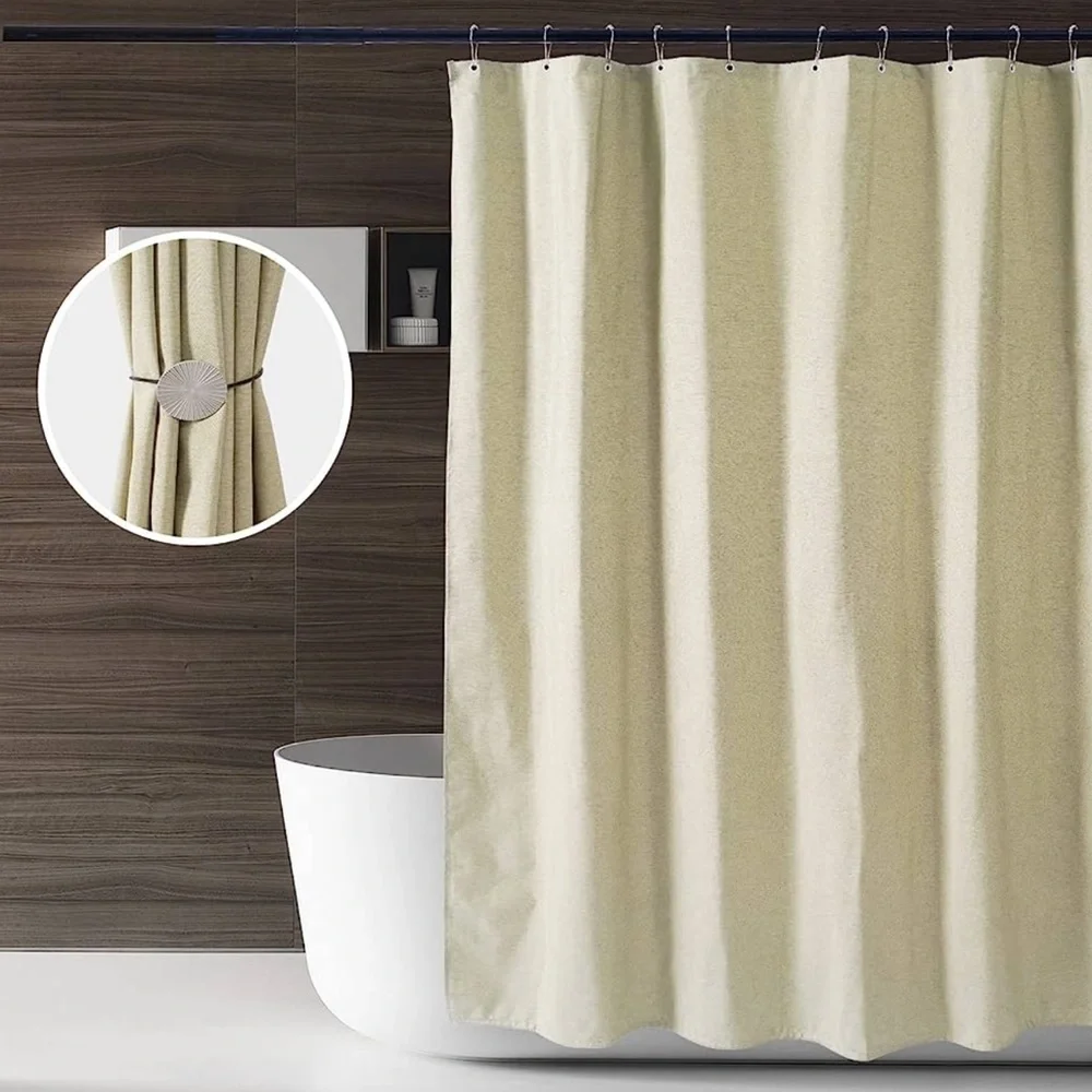 Linen Shower Curtain for Bathroom Waterproof and Machine Washable (Green)